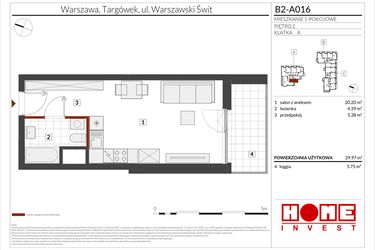 Rzut - Mieszkanie na sprzedaż 1 pokój o powierzchni 29,97 m² - numer B2-A016 w Warszawski Świt etap IX
