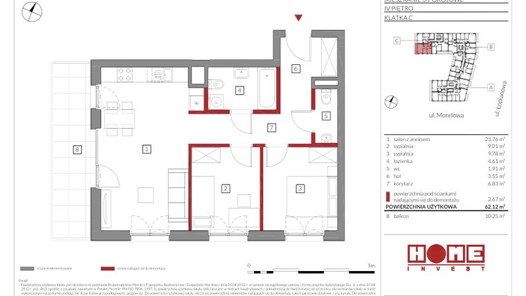 Rzut - Mieszkanie na sprzedaż 3 pokoje o powierzchni 62,12 m² - numer C74 w Przystań Żerań