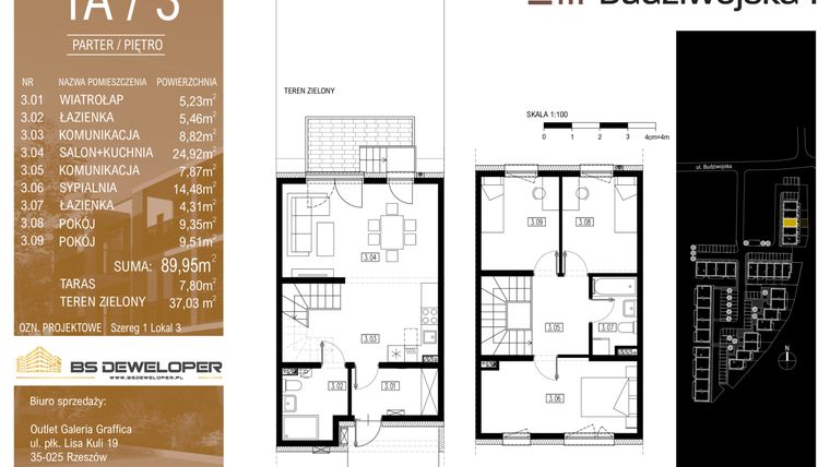 Rzut - Mieszkanie na sprzedaż 4 pokoje o powierzchni 89,95 m² - numer 1A/3 w Budziwojska 3