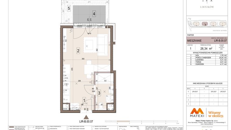 Rzut - Mieszkanie na sprzedaż 1 pokój o powierzchni 26,34 m² - numer B.00.07 w Takt Lirników