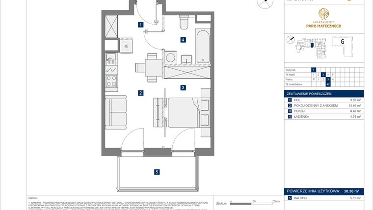 Rzut - Mieszkanie na sprzedaż 2 pokoje o powierzchni 30,38 m² - numer F-42 w Apartamenty Park Matecznego Etap 2