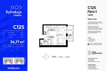 Rzut - Mieszkanie na sprzedaż 1 pokój o powierzchni 34,77 m² - numer C125 w Dyfrakcja Łódzka - bud. CD