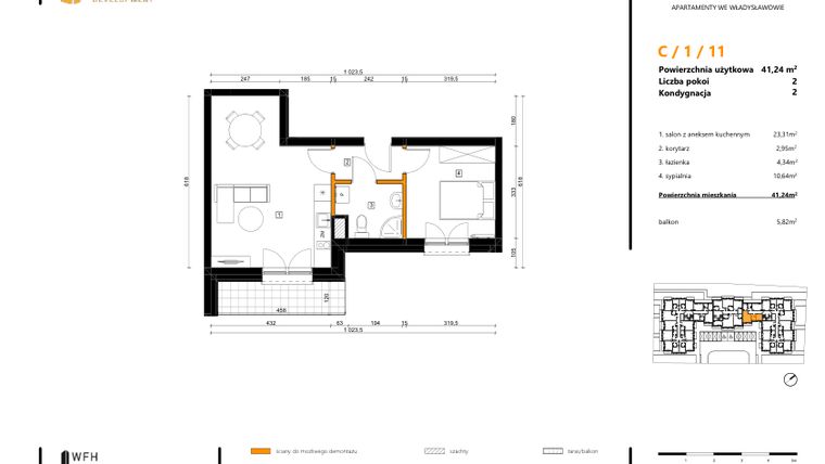 Rzut - Mieszkanie na sprzedaż 2 pokoje o powierzchni 41,24 m² - numer C.1.11 w SPOT