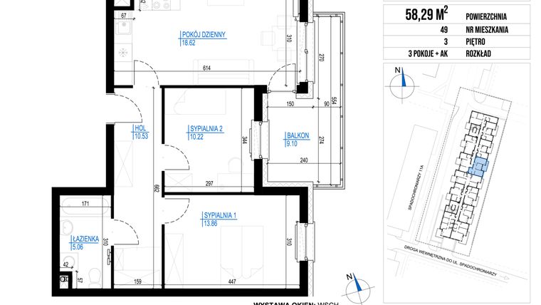 Rzut - Mieszkanie na sprzedaż 3 pokoje o powierzchni 58,29 m² - numer 49 w Vieniava edycja druga