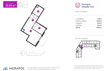 Rzut - Mieszkanie na sprzedaż 2 pokoje o powierzchni 33,59 m² - numer 2.B.2.06 w Murapol Osiedle Filo etap II