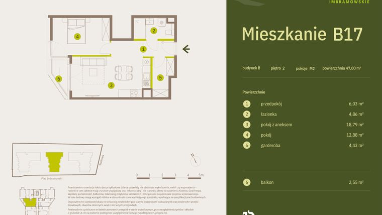 Rzut - Mieszkanie na sprzedaż 2 pokoje o powierzchni 47 m² - numer B17 w Osiedle Imbramowskie