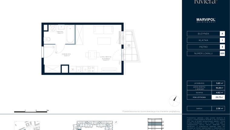 Rzut - Mieszkanie na sprzedaż 1 pokój o powierzchni 29,73 m² - numer A.M031 w Riviera⁵