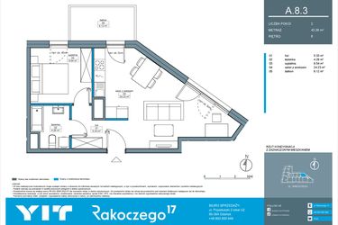 Rzut - Mieszkanie na sprzedaż 2 pokoje o powierzchni 43,38 m² - numer A.8.3 w Rakoczego 17
