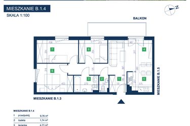 Rzut - Mieszkanie na sprzedaż 4 pokoje o powierzchni 69,62 m² - numer B.1.4 w EcoVista