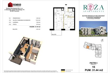 Rzut - Mieszkanie na sprzedaż 2 pokoje o powierzchni 31,44 m² - numer M  15 w Apartamenty Róża