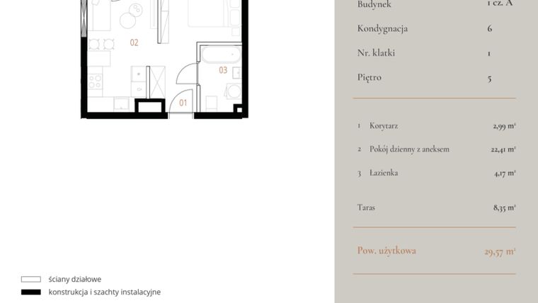 Rzut - Mieszkanie na sprzedaż 1 pokój o powierzchni 29,57 m² - numer M035 w MURANO