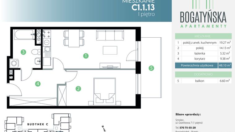 Rzut - Mieszkanie na sprzedaż 2 pokoje o powierzchni 48,1 m² - numer C1.1.13 w Bogatyńska Apartamenty etap 3