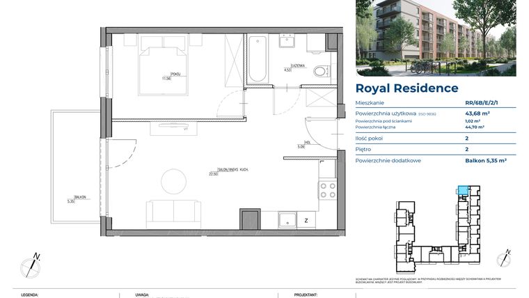 Rzut - Mieszkanie na sprzedaż 2 pokoje o powierzchni 40,18 m² - numer RR/6B/E/2/1 w Royal Residence 6B