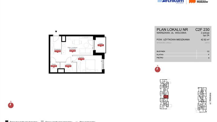 Rzut - Mieszkanie na sprzedaż 2 pokoje o powierzchni 42,92 m² - numer C2F 230 w Modern Mokotów etap 3, budynek C1 i C2