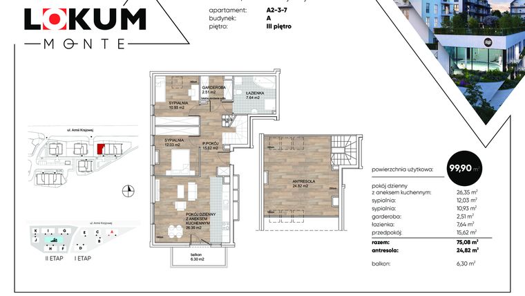 Rzut - Mieszkanie na sprzedaż 4 pokoje o powierzchni 99,9 m² - numer A2-3-7 w Lokum Monte