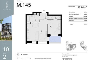 Rzut - Mieszkanie na sprzedaż 2 pokoje o powierzchni 42,01 m² - numer M145 w Sky Trust etap II