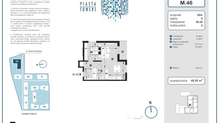 Rzut - Mieszkanie na sprzedaż 2 pokoje o powierzchni 48,56 m² - numer 46 w Piasta Towers bud. 90A