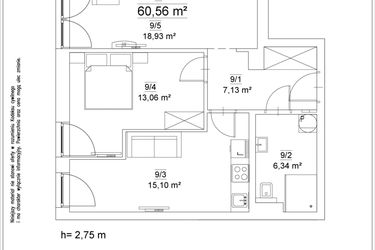 Rzut - Mieszkanie na sprzedaż 3 pokoje o powierzchni 60,56 m² - numer 9 w Osiedle Teatralne 19 - apartamenty inwestycyjne