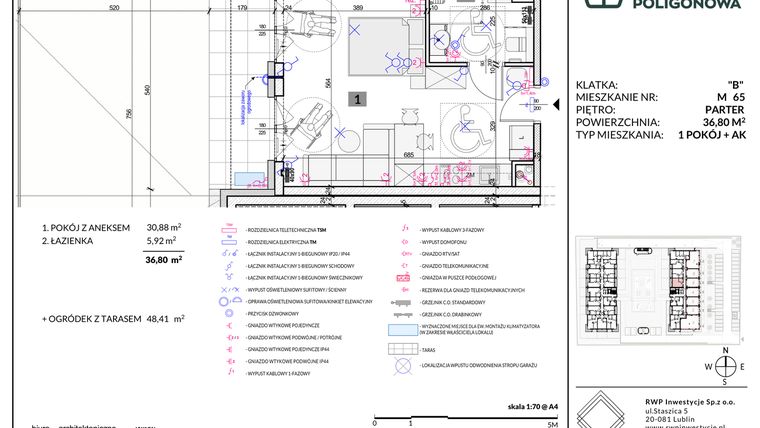 Rzut - Mieszkanie na sprzedaż 1 pokój o powierzchni 36,8 m² - numer 65 w Apartamenty Poligonowa etap 5