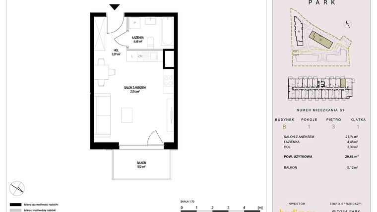 Rzut - Mieszkanie na sprzedaż 1 pokój o powierzchni 29,61 m² - numer B57 w Witosa Park