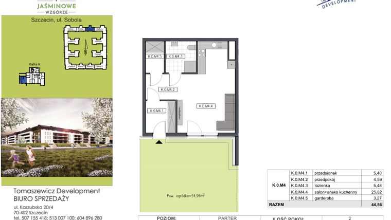 Rzut - Mieszkanie na sprzedaż 2 pokoje o powierzchni 44,56 m² - numer K.0.M4 w Jaśminowe Wzgórze - etap II