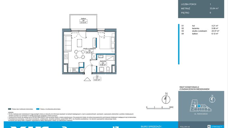 Rzut - Mieszkanie na sprzedaż 1 pokój o powierzchni 33,61 m² - numer A.6.1 w Rakoczego 17