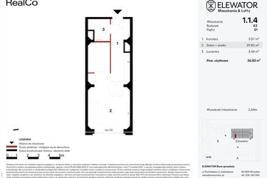 Rzut - Mieszkanie na sprzedaż 1 pokój o powierzchni 36,83 m² - numer EZ.1.1.4 w Elewator - Mieszkania i Lofty
