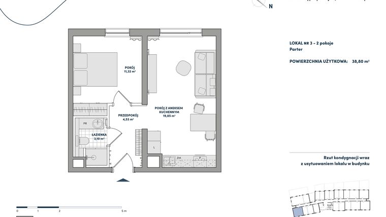 Rzut - Mieszkanie na sprzedaż 2 pokoje o powierzchni 38,8 m² - numer 3 w AtHome - Apartamenty inwestycyjne