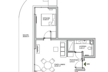 Rzut - Mieszkanie na sprzedaż 2 pokoje o powierzchni 45,44 m² - numer M8 w Zielona Marina - Apartamenty inwestycyjne