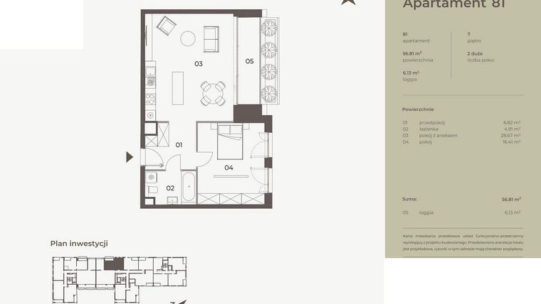 Rzut - Mieszkanie na sprzedaż 2 pokoje o powierzchni 56,81 m² - numer 81 w Monument