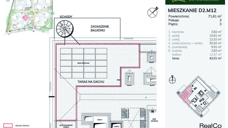 Rzut - Mieszkanie na sprzedaż 3 pokoje o powierzchni 71,61 m² - numer D2.M12 w Apartamenty przy Parku Szczytnickim
