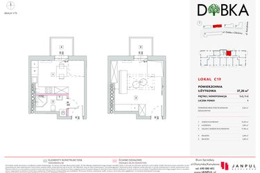 Rzut - Mieszkanie na sprzedaż 1 pokój o powierzchni 37,2 m² - numer C19 w Dobka