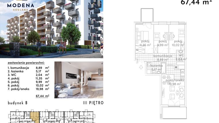 Rzut - Mieszkanie na sprzedaż 4 pokoje o powierzchni 67,87 m² - numer M15 w Modena Ceglana