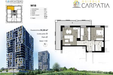 Rzut - Mieszkanie na sprzedaż 3 pokoje o powierzchni 55,46 m² - numer A2.18 w Osiedle Carpatia Etap II