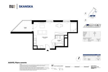 Rzut - Mieszkanie na sprzedaż 1 pokój o powierzchni 41,23 m² - numer AA0410 w NU2 Warszawa Wola - apartamenty wykończone pod klucz
