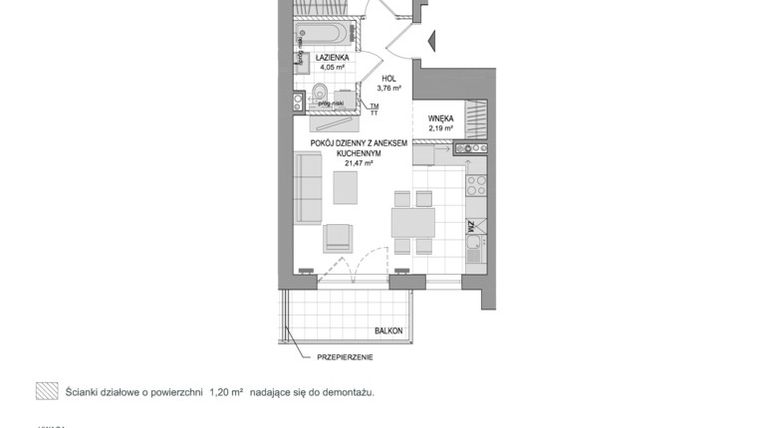 Rzut - Mieszkanie na sprzedaż 2 pokoje o powierzchni 43,03 m² - numer D.6 w Dynamika
