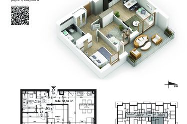 Rzut - Mieszkanie na sprzedaż 3 pokoje o powierzchni 50,36 m² - numer 44 w Piano Park etap V