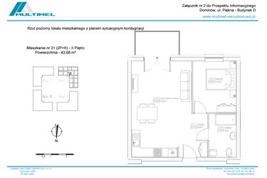 Rzut - Mieszkanie na sprzedaż 2 pokoje o powierzchni 43,68 m² - numer 31D w Dominów Rynek