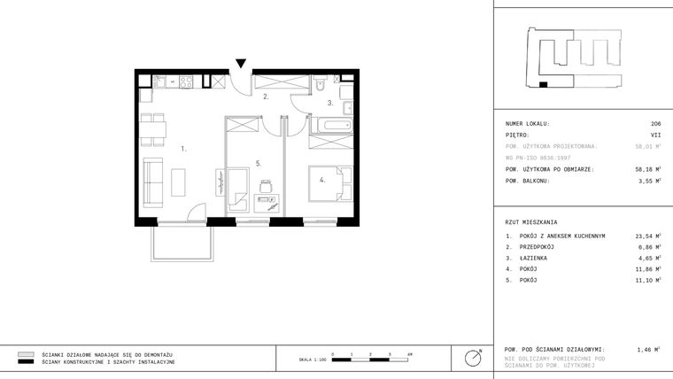 Rzut - Mieszkanie na sprzedaż 3 pokoje o powierzchni 58,18 m² - numer 7.A11-206 w Jurowiecka 22