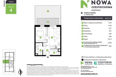 Rzut - Mieszkanie na sprzedaż 2 pokoje o powierzchni 44,23 m² - numer E4 w Nowa Częstochowa Małopolska etap II
