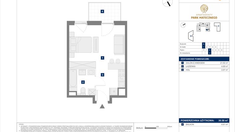 Rzut - Mieszkanie na sprzedaż 1 pokój o powierzchni 30,58 m² - numer B9 w Apartamenty Park Matecznego Etap 1