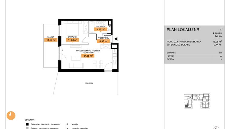 Rzut - Mieszkanie na sprzedaż 2 pokoje o powierzchni 46,06 m² - numer 4 w Zenit V