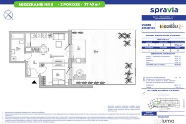 Rzut - Mieszkanie na sprzedaż 2 pokoje o powierzchni 37,43 m² - numer B1.8 w Osiedle Bokserska 2