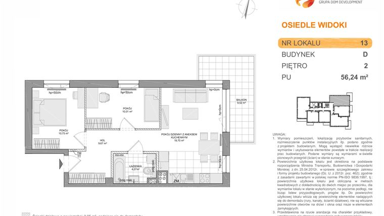 Rzut - Mieszkanie na sprzedaż 3 pokoje o powierzchni 56,24 m² - numer D_MK_13 w WIDOKI etap I