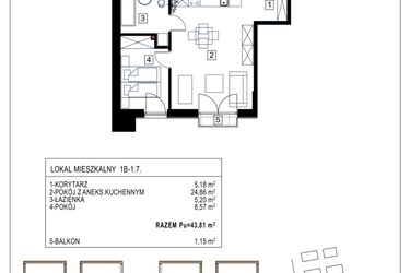 Rzut - Mieszkanie na sprzedaż 2 pokoje o powierzchni 43,81 m² - numer 1B-1.7 w Gardenia Pogodno