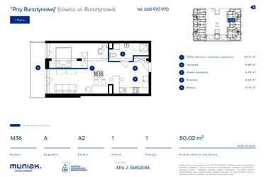 Rzut - Mieszkanie na sprzedaż 1 pokój o powierzchni 50,02 m² - numer 36A w Przy Bursztynowej