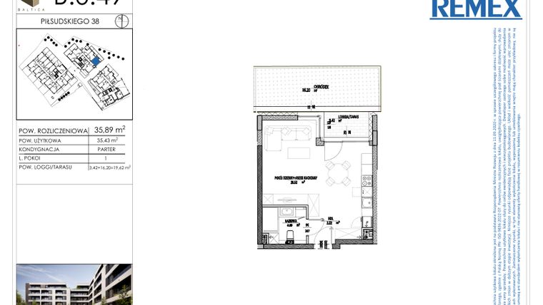 Rzut - Mieszkanie na sprzedaż 1 pokój o powierzchni 35,89 m² - numer B.0.49 w Osiedle BALTICA
