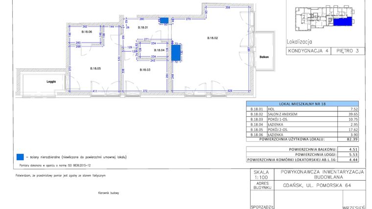 Rzut - Mieszkanie na sprzedaż 3 pokoje o powierzchni 82,39 m² - numer B.18 w Gaja Park