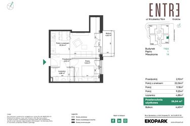 Rzut - Mieszkanie na sprzedaż 2 pokoje o powierzchni 39,04 m² - numer 116A-M14 w Entre