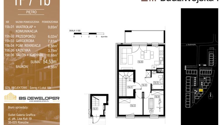 Rzut - Mieszkanie na sprzedaż 3 pokoje o powierzchni 54,53 m² - numer 1F/1b w Budziwojska 3